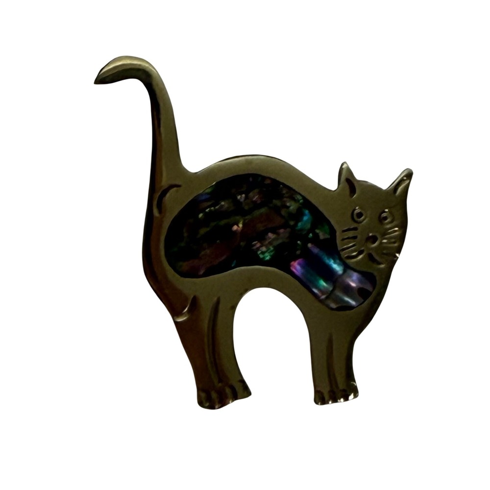Vintage Mexican Alpaca Silver Abalone Shell Inlay Cat Brooch Pin Folk Art